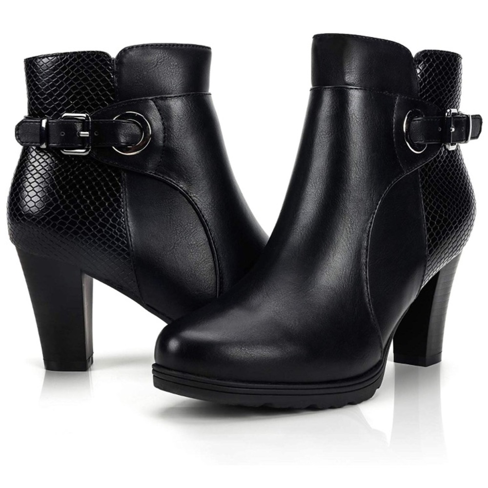 Mixed Snake- Black Bootie Chunky Heel Buckle Strap Ankle - Picture 2 of 11